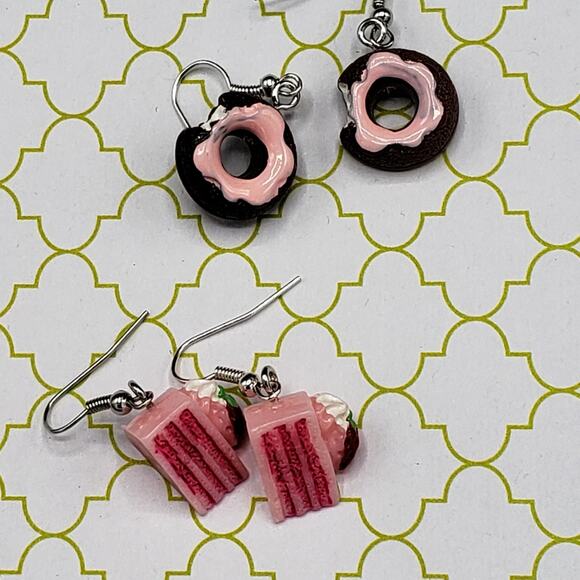 handmade Strawberry layered cake & chocolate donut sweet treat earring set - Picture 1 of 8
